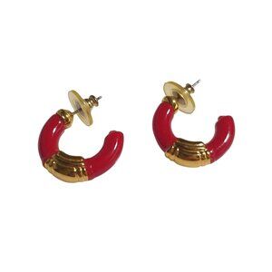 Gold Red Hoop Earrings Post Back Vintage Style Pierced Jewelry Vibrant Accent